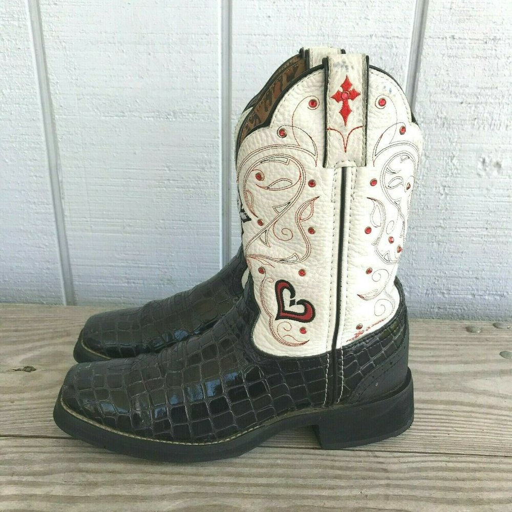 Tony Lama Womens Boots Black Square Toe Alligator Print Cross Style ST1004N 7B